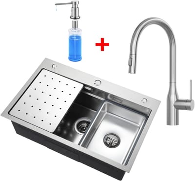 CECIPA max Spoelbakken met Kraangat 70x45 cm - Spoelbak Keuken Met Uittrekbare Uitloop Keukenkraan en Zeepdispenser 300ML - Multifunctionele Spoelbak - Incl. Sifon en Afvoerzeefje - RVS