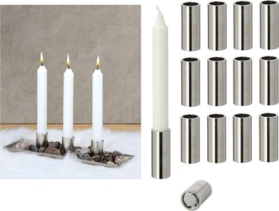 12x stokkaarshouder magnetische metalen kaarsenhouder ZILVER 2,5x5cm Kerstdecoratieve kom tafeldecoratie kaarsenbord decoratieve kom kaarsenspeld scandinavische chique kaarsenhouder tafelkaarsen Adventskrans