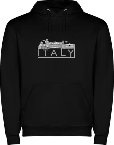 Zwarte unisex hoodie met “ Skyline Italy - Italie – Vakantiegevoel – Strak – Modern “ Print Full Color merk Roly maat L