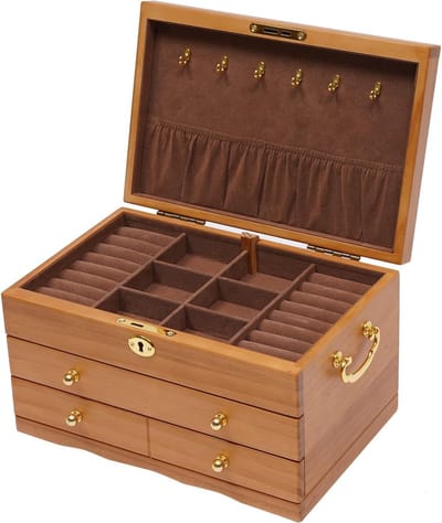 Houten Sieradenkist - Opbergdoos Juwelen - Sieraden Opbergen - Met Beveiligd Slot - 3 Lades 29cm - Houtkleur