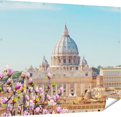 Gards Tuinposter Sint Pietersbasiliek in Rome met Bloemen - 150x120 cm - Tuindoek - Tuindecoratie - Wanddecoratie buiten - Tuinschilderij