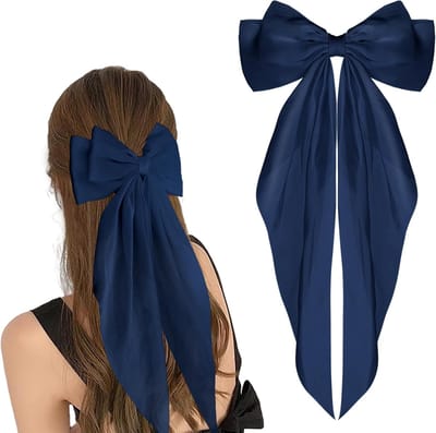 WLLHYF Grote strik haarspeldjes lange staart Franse lint haarspelden zacht zijdeachtig satijn haarclip metalen strik clips 90's accessoires voor feest Valentijnsdag vrouwen meisje (marineblauw)