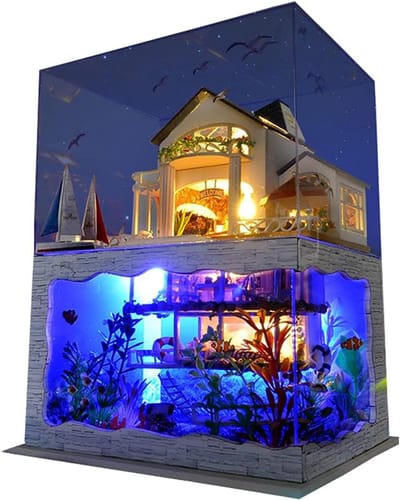 Miniatuur Huis Kit - Poppenhuis Bouwpakket - Creatief Hobby - Met LED Verlichting - 21 cm Hoog - Houtkleurig