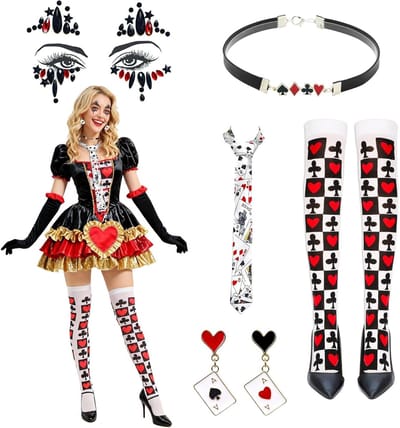 Rode Hart Koningin Kostuum voor Vrouwen - Carnaval Outfit met Poker Accessoires, Sieraden en Kousen voor Feestjes