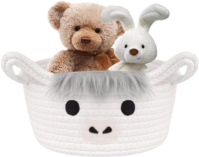 Mand, mand met handvat, handgemaakt katoen, geschenkmand, wasmand voor kinderkamer, gevlochten mand voor handdoek, slaapkamer, speelgoed, wit, 21 x 21 x 12 cm