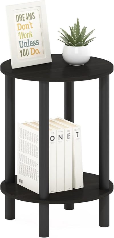 Ronde bijzettafel - Houten tafel - Woonkamer decoratie - Twee opbergniveaus - 46 cm hoog - Espresso