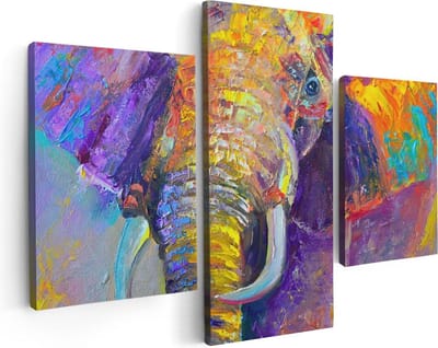 Artaza Canvas Schilderij Drieluik Olifant Van Olieverf - Kleur - Abstract - 90x60 cm - Wanddecoratie Woonkamer - Schilderijen - Muurdecoratie