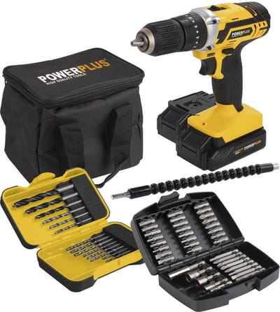 Powerplus Accu klopboormachine POWX00840 - 3 in 1: boren hamerboren en schroeven, 20 V boormachine, 40 Nm, Links en rechts schroeven, Incl. 2 accu's 2.0 Ah en 1 lader, 53 accessoires