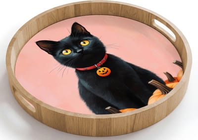 Dienblad rond 40x40 cm - Schootdienblad hout - Kat - Pompoen - Roze - Borrelplank rechthoek - Plateau houten dienbladen