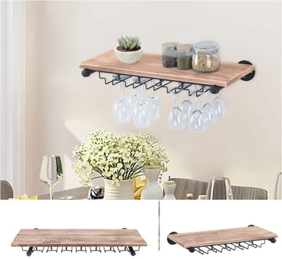 Mila Shop Wijnrek - Hangend - Aan de wand/muur wijnwandrek - Wijnglazen - Wijnrek hout en metaal