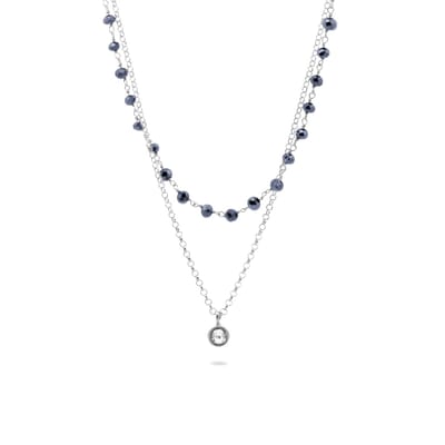 New Bling 9NB-1357 Zilveren Ketting met Twee Lagen - Kraaltjes - Hematiet - 3,5mm - 36+4cm - jasseron - 40+4cm - Zirkonia Hangertje - 5,6mm Doorsnee - Rhodium - Zilver