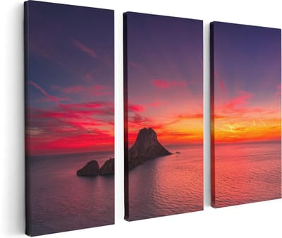 Artaza Canvas Schilderij Drieluik Ibiza Rotsen Eiland bij Zonsondergang - 120x80 - Foto Op Canvas - Canvas Print
