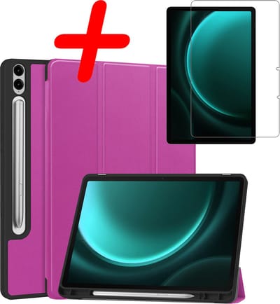 Hoesje Geschikt voor Samsung Galaxy Tab S9 FE Plus - Met Screenprotector - Trifold Bookcase - Hard Cover Case - Met Uitsparing Geschikt voor S Pen - Hardcover Book - Tablet Hoes - Paars