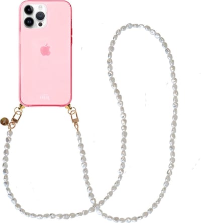 xoxo Wildhearts silicone case met koord - Roze telefoonhoesje met koord - telefoonketting - Pearlfection - long - Cord Case - geschikt voor Apple iPhone 12 Pro - Parelketting lang