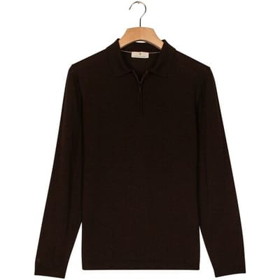 Thomas Maine Trui Zip Collar Long Sleeve Merino Wool Single Knit Bruin / male