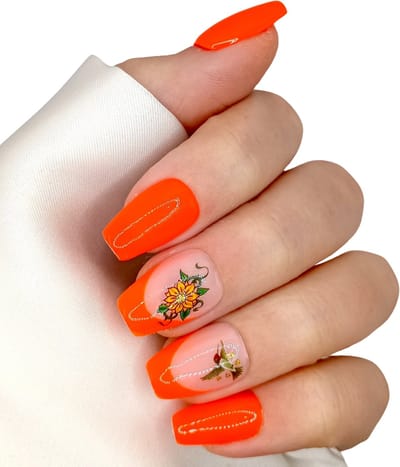 SD Press on Nails - B-191 - Plaknagels - Nagelset 20 Nagels - Oranje Neon French- Gellak - Nagellak - Korte Coffin Nageltips - Nepnagels met Lijm - Kunstnagels - Nail Art - Handmade - Valse nagels - Nagelvijl - Accessoires - Neon Nagels - Neon Nagels