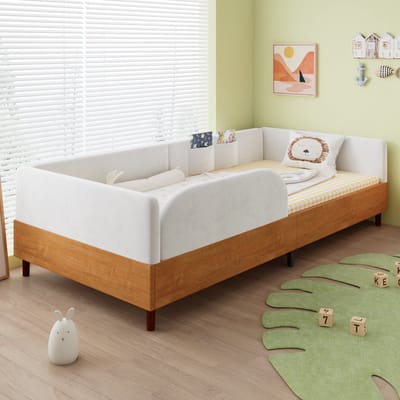 Intebiki - kinderbed - eenpersoonsbed 90x200 - Fluweel en houtdesign - Met twee opbergvakken - Zachte, stootvaste schuimranden - Wit - Matras niet inbegrepen