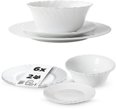 KADAX servies 6-delig, servies voor 2 personen, servies met ontbijtkom, dessertbord & dinerbord, bordset van opaalglas, servies (wit)