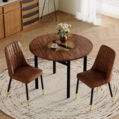 Moderne minimalistische ronde eettafelset (met 2 bruine stoelen van technische stof met zwarte metalen poten), ronde tafel met een diameter van 100 cm in houtlook, geschikt voor eetkamer en keuken.