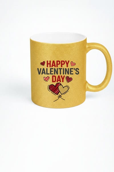 Luxe Gouden Glitter Mok 'Happy Valentine's Day' - Romantisch Valentijnscadeau met Hartjes