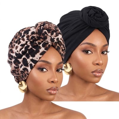 Luipaard 2 delige set bloemen hijab hoofddoek dames – Afrikaanse stoffen tulband met knoopdetail – effen en luipaard print hoofddoek