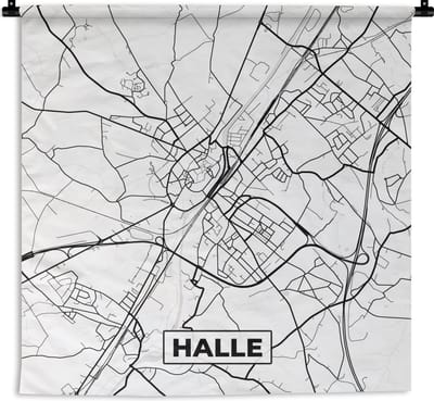 Wandkleed - Wanddoek - Zwart Wit – België – Plattegrond – Stadskaart – Kaart – Halle - 180x180 cm - Wandtapijt