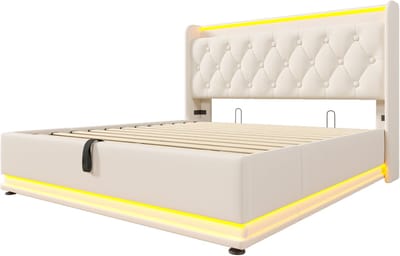 COVREO Bedframe 140x200 cm - 154 cm breed, wit PU, led, zonder matras