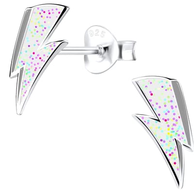 Joy|S - Zilveren bliksem oorbellen - 5 x 10 mm - wit zilver met glitter