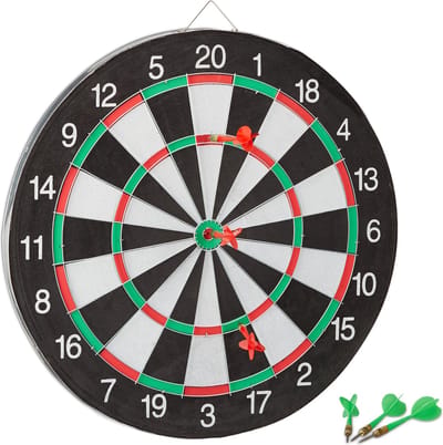 dartbord X2 - met 6 pijlen - 43 cm - dubbelzijdig - klassiek - voor tuin - thuis - steeldarts - zwart-wit