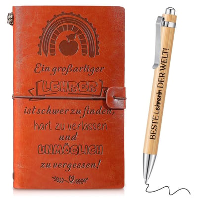 Dailygoods- Lerarencadeauset A6 PU-lederen Notitieboek - Motivatiebalpen - Afscheidscadeau - Draagbaar - Elegant - Retro kleur