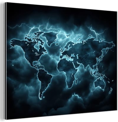 Aluminium schilderij 120x90 cm - Wanddecoratie metaal - Wereldkaart - Bliksem - Blauw - Metalen muurdecoratie woonkamer - Decoratie industrieel - Foto op dibond - Industriële accessoires slaapkamer