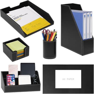Bureau Organizer Set - Kantoor Opbergsysteem - Werkplek Organisatie - 6-Delig Leer Look - 34.5x29x13 cm - Zwart
