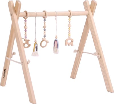 Babygym hout - Inklapbaar met 5 speeltjes - Stimuleert motorische vaardigheden