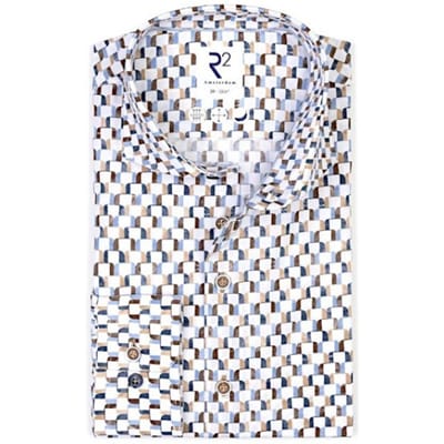 R2 Poplin Overhemd Print Multicolor - Maat 45 - Heren - Overhemden Formeel