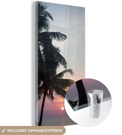 MuchoWow® Glasschilderij 60x120 cm - Schilderij acrylglas - Palmbomen - Pastel - Avond - Zomer - Tropisch - Foto op glas - Schilderijen