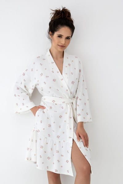 Sensis Katoenen Ochtendjas Dames Badstof Bloemenprint Volant Ecru CORALIE 42 / XL