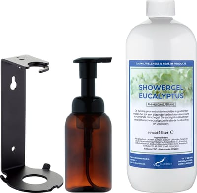 Zeepdispenser 300 ml amber bruin hervulbaar + 1 liter Showergel Eucalyptus navulling (inclusief beugel)