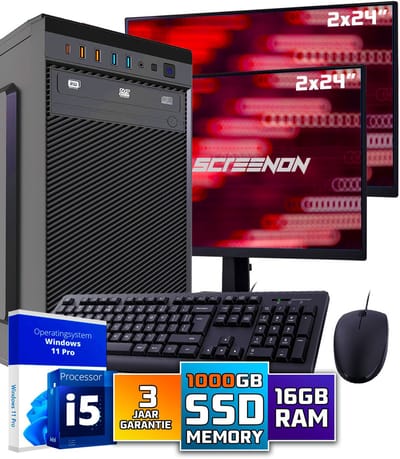 Intel Compleet PC SET | Intel Core i5 | 16 GB DDR4 | 1 TB SSD + 2 x 24 Inch Monitor + Muis + Toetsenbord | Windows 11 Pro + WiFi & Bluetooth