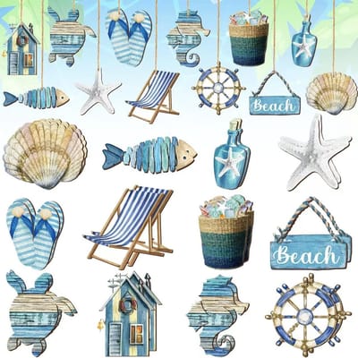 36 stuks houten hangers - houten ornamenten - oceaan strand boomdecoraties - uitgesneden ontwerp - zomerse hangende decoraties - kleine boomfeest-kantoordecoratie voor thuis - milieuvriendelijk - nautische zeedieren kerstboom woondecoratie