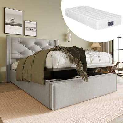 MODENUIT Gestoffeerd Bed 90x200 cm – Eenpersoonsbed met Opklapbare Lattenbodem – Bedkast – Katoen – Met matras – Lichtgrijs