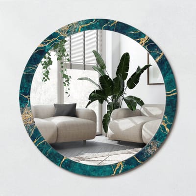 Wallfluent Bedrukte Ronde Spiegel - Ronde Spiegel Met Print Groen Marmer - 100 cm / 86 cm - Gouden - Gouden Ronde Wandspiegel Met Print - Inloopkastspiegel - Badkamerspiegel - Toiletspiegel - Glazen spiegel