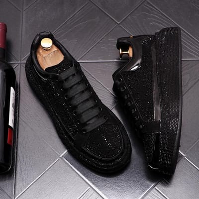 Chaussures de luxe noires à strass pour hommes, mocassins décontractés à semelle épaisse, style rock hip-hop, baskets en cristal 7.5 noir