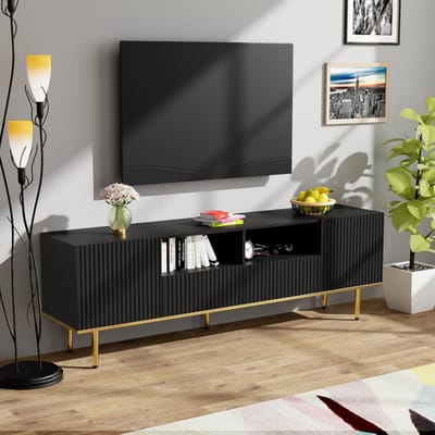 REDOM TV-meubel 165x36x55 cm van spaanplaat, zwart met gouden accenten, modern design met lades en grifflos ontwerp