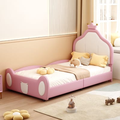 REDOM Kinderbed 90x200 cm – Kunstleren bekleding met kroonhoofdbord – Wit/Roze