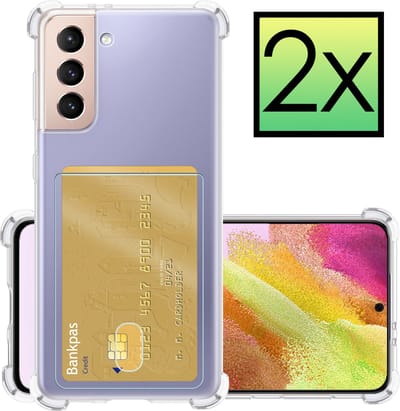 Hoesje - 2 Stuks - Geschikt voor Samsung Galaxy S21 FE - Met Pashouder en Kaarthouder - Telefoon Hoes Shockproof - Siliconen Case - Back Cover - Shock Proof - Pasjes Houder - Transparant