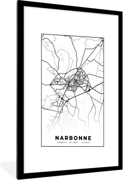 Fotolijst incl. Poster Zwart Wit- Plattegrond - Narbonne - Kaart - Frankrijk - Stadskaart - Zwart wit - 60x90 cm - Posterlijst