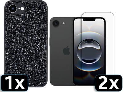 Casemania Hoesje en Glas Geschikt voor Apple iPhone 16e - Zwart - Diamant Glitter Back Cover / 2x Glazen Screenprotector