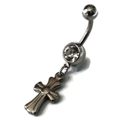 Aramat Jewels | Piercings | Zilverkleurige Navelpiercing met Kruisje | | | |12mm | Staal | Volwassenen | Verkleurd niet