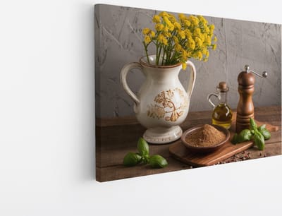 Saammp Canvas Schilderij - Kruiden - Molen - Stilleven - 45x30 - Foto op canvas - Wanddecoratie - Muurdecoratie keuken - Slaapkamer decoratie - Canvas Print