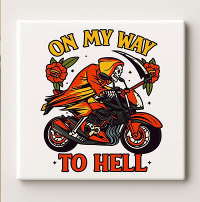 On My Way to Hell Motorfiets Tegel – Grim Reaper Biker Kunst Wanddecoratie – Keramische Tegel 15 × 15 cm